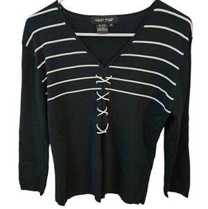 Black and White Striped Women's Top, Criss Cross, Ribbed, XL